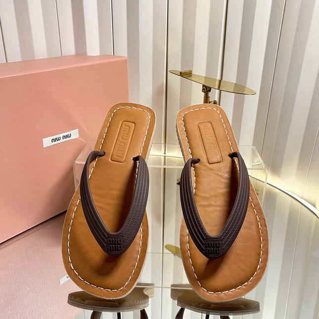 MIUMIU 26S THONG FLAT SANDALS IN DARK BROWN CALFSKIN