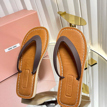 MIUMIU 26S THONG FLAT SANDALS IN DARK BROWN CALFSKIN