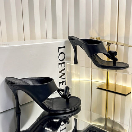 LOEWE 26S HEELED THONG SANDALS 90 MM IN BLACK CALFSKIN