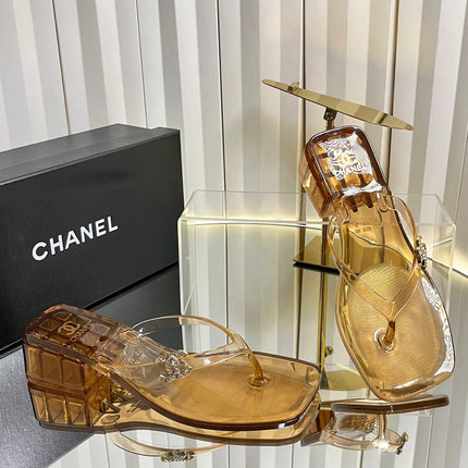 CHANEL 26S TRANSPARENT THONG SANDALS IN BROWN PVC