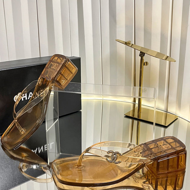 CHANEL 26S TRANSPARENT THONG SANDALS IN BROWN PVC