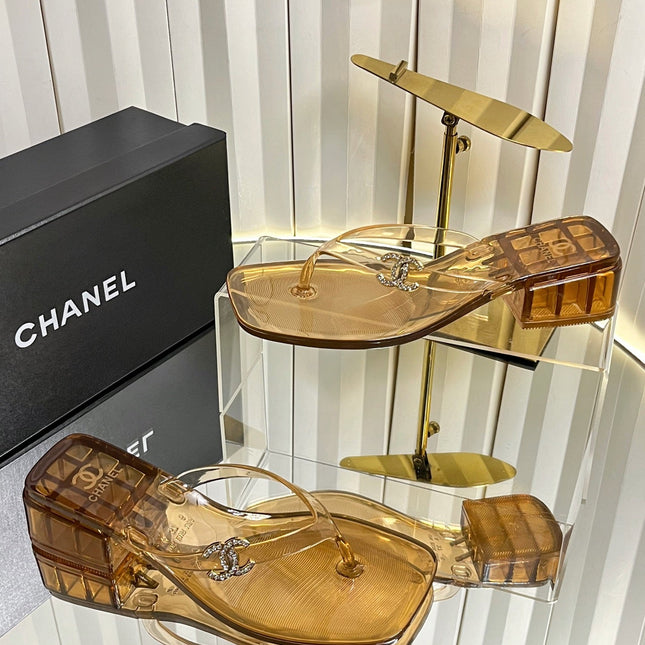 CHANEL 26S TRANSPARENT THONG SANDALS IN BROWN PVC