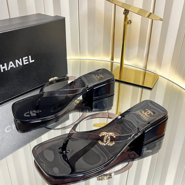 CHANEL 26S TRANSPARENT THONG SANDALS IN BLACK PVC