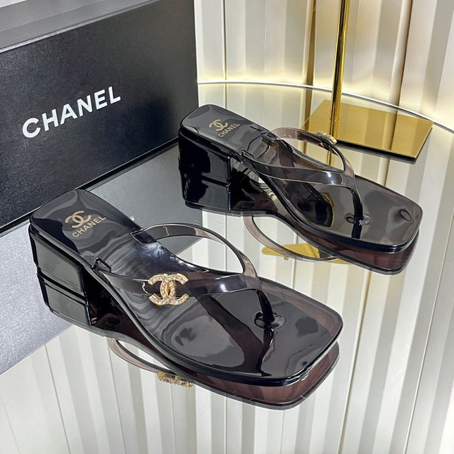 CHANEL 26S TRANSPARENT THONG SANDALS IN BLACK PVC