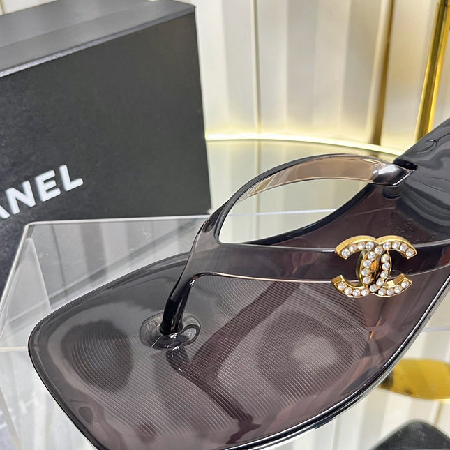 CHANEL 26S TRANSPARENT THONG SANDALS IN BLACK PVC