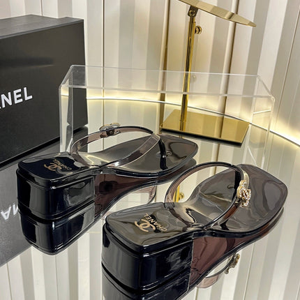 CHANEL 26S TRANSPARENT THONG SANDALS IN BLACK PVC