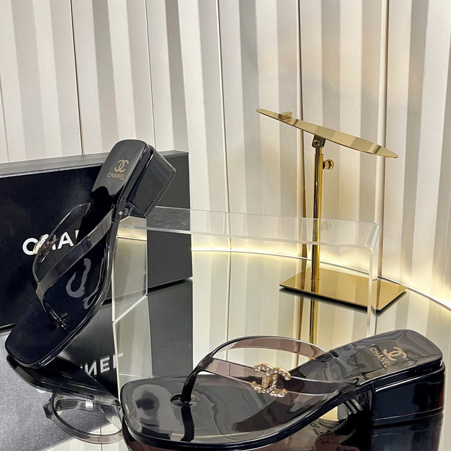 CHANEL 26S TRANSPARENT THONG SANDALS IN BLACK PVC