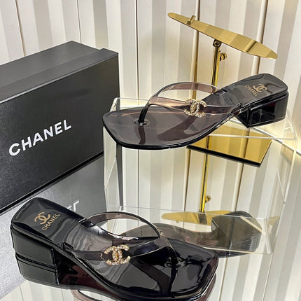 CHANEL 26S TRANSPARENT THONG SANDALS IN BLACK PVC