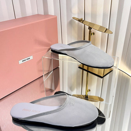 MIUMIU 26S FLAT MULES IN GREY FABRIC AND LEATHER