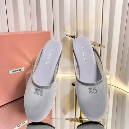 MIUMIU 26S FLAT MULES IN GREY FABRIC AND LEATHER