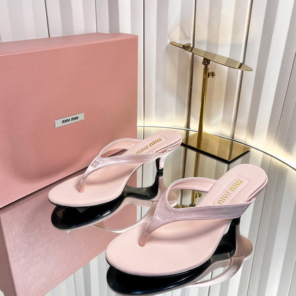 MIUMIU 26S THONG HEELED SANDALS 50 MM IN LIGHT PINK LAMBSKIN AND SATIN