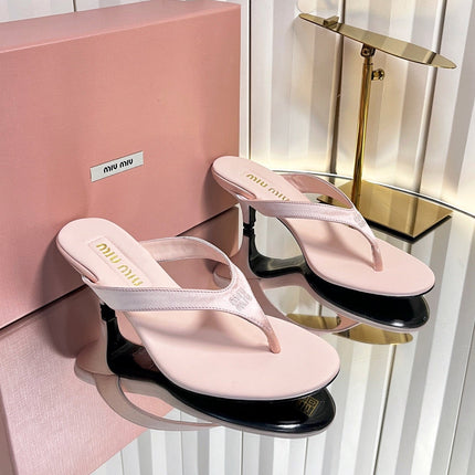 MIUMIU 26S THONG HEELED SANDALS 50 MM IN LIGHT PINK LAMBSKIN AND SATIN