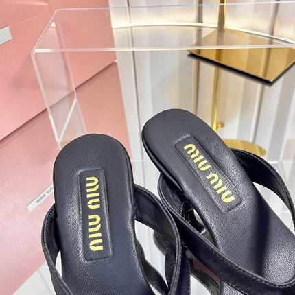 MIUMIU 26S THONG HEELED SANDALS 50 MM IN BLACK LAMBSKIN AND SATIN