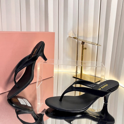 MIUMIU 26S THONG HEELED SANDALS 50 MM IN BLACK LAMBSKIN AND SATIN