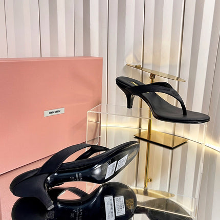 MIUMIU 26S THONG HEELED SANDALS 50 MM IN BLACK LAMBSKIN AND SATIN