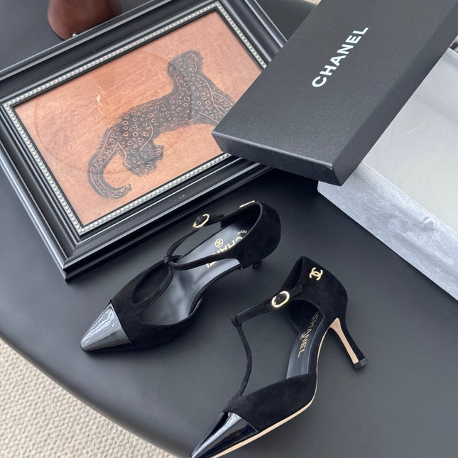 HIGH HEELS WAIST CUTTING IN BLACK SUEDE MIX GLOSSY