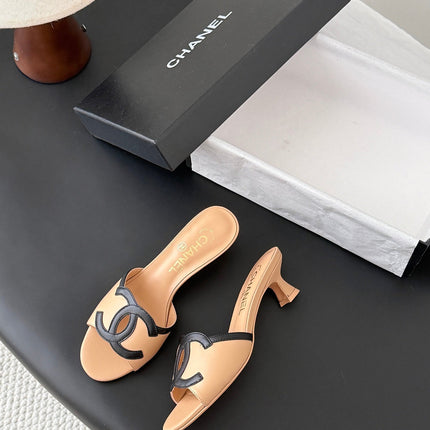 CHANEL HIGH MULES IN BEIGE MIX BLACK CALFSKIN
