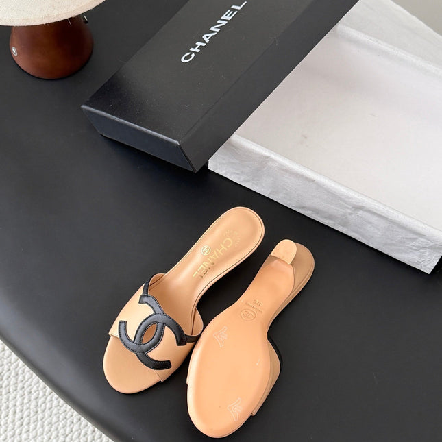 CHANEL HIGH MULES IN BEIGE MIX BLACK CALFSKIN
