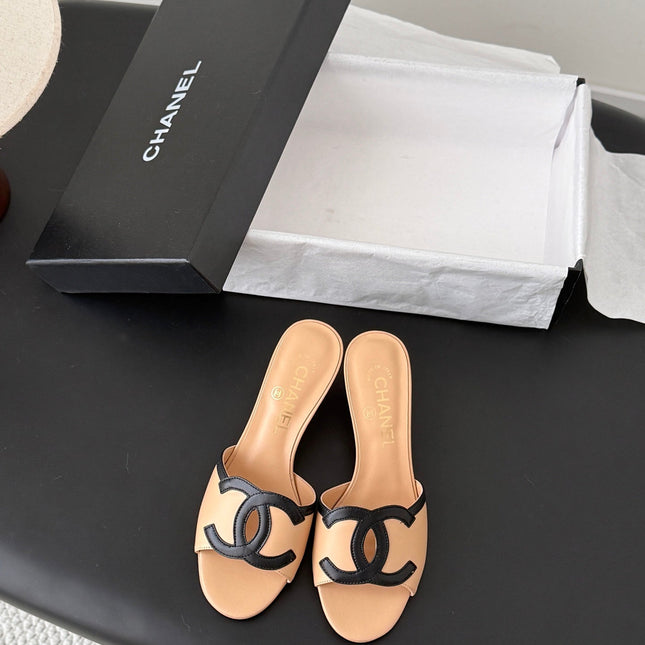 CHANEL HIGH MULES IN BEIGE MIX BLACK CALFSKIN