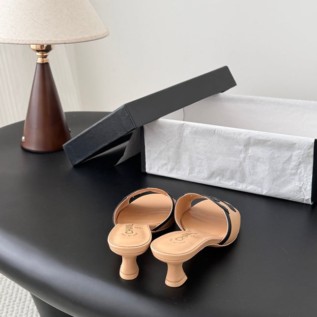 CHANEL HIGH MULES IN BEIGE MIX BLACK CALFSKIN