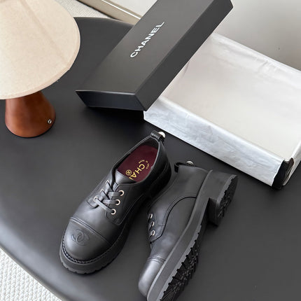 CHANEL 26S LACE UP PLATFORM IN BLACK CALFSKIN