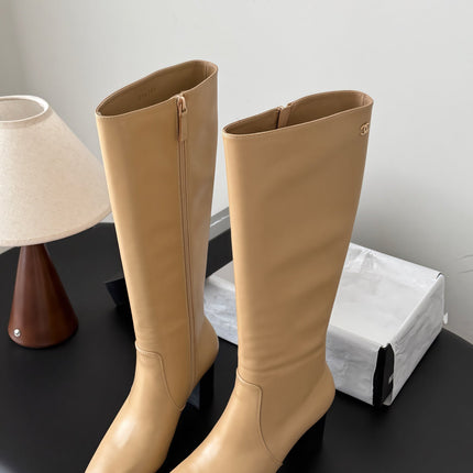 CHANEL 26S TALL BOOTS 70 MM IN BEIGE CALFSKIN SQUARE TOE