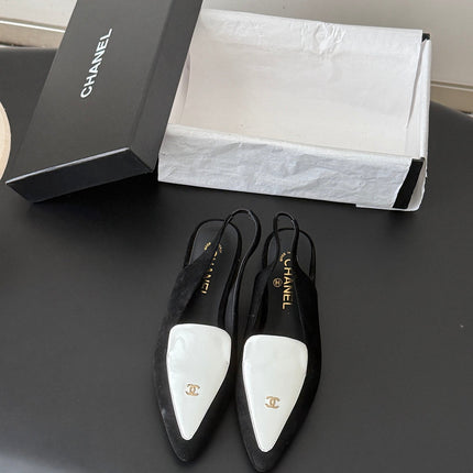 CHANEL 26S SLINGBACK FLAT IN BLACK AND WHITE SUEDE WITH CC LOGO