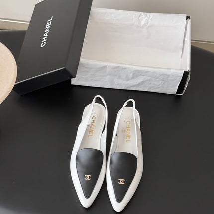 CHANEL 26S SLINGBACK FLAT IN BLACK AND WHITE CALFSKIN