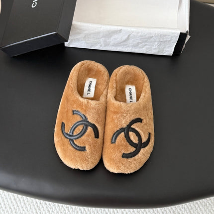 CHANEL 26S MULES IN BROWN SHEARLING LINING ROUND TOE