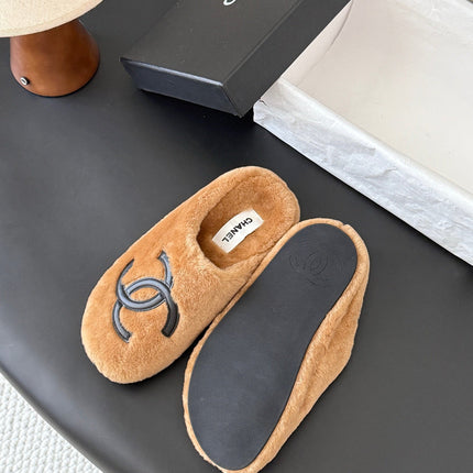 CHANEL 26S MULES IN BROWN SHEARLING LINING ROUND TOE