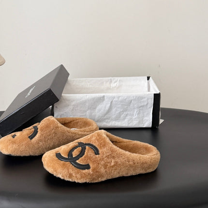 CHANEL 26S MULES IN BROWN SHEARLING LINING ROUND TOE