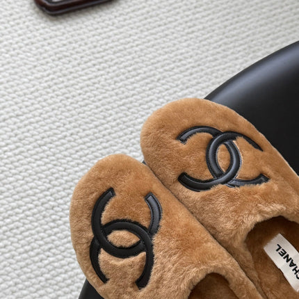 CHANEL 26S MULES IN BROWN SHEARLING LINING ROUND TOE