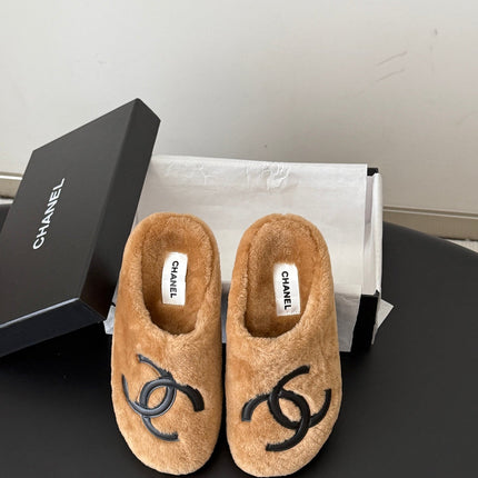 CHANEL 26S MULES IN BROWN SHEARLING LINING ROUND TOE