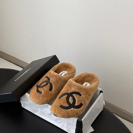 CHANEL 26S MULES IN BROWN SHEARLING LINING ROUND TOE