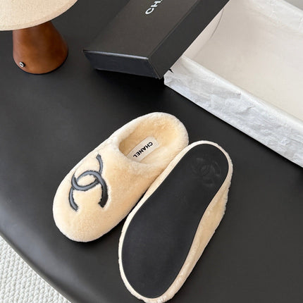 CHANEL 26S MULES IN WHITE SHEARLING LINING ROUND TOE