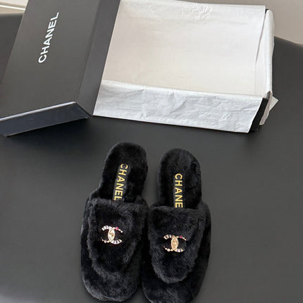 CHANEL 26S MULES IN BLACK SHEARLING LINING