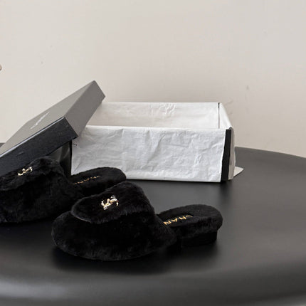 CHANEL 26S MULES IN BLACK SHEARLING LINING