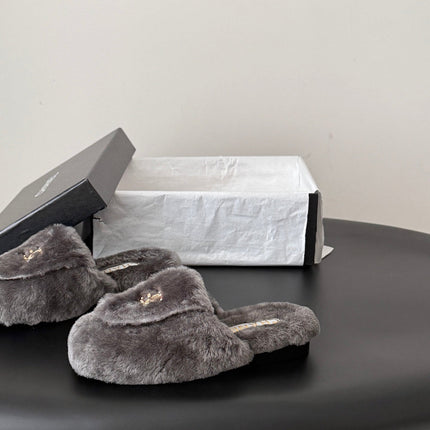 CHANEL 26S MULES IN GREY SHEARLING LINING