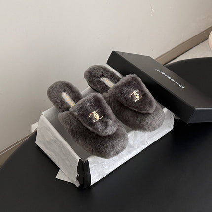 CHANEL 26S MULES IN GREY SHEARLING LINING