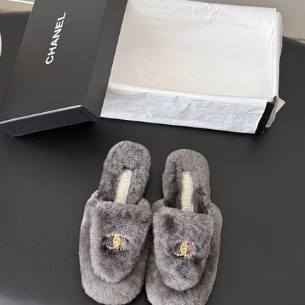 CHANEL 26S MULES IN GREY SHEARLING LINING