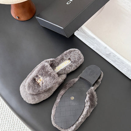 CHANEL 26S MULES IN GREY SHEARLING LINING