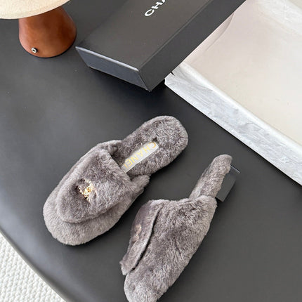 CHANEL 26S MULES IN GREY SHEARLING LINING