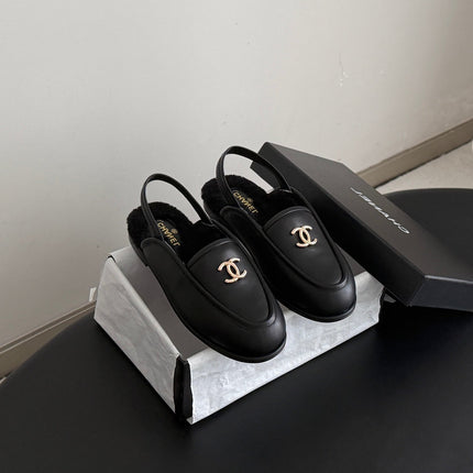 CHANEL 26S SLINGBACK LOAFERS IN BLACK CALFSKIN AND SHEARLING LINING