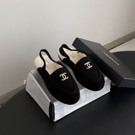 CHANEL 26S SLINGBACK LOAFERS IN BLACK SUEDE AND SHEARLING LINING