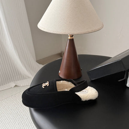 CHANEL 26S SLINGBACK LOAFERS IN BLACK SUEDE AND SHEARLING LINING