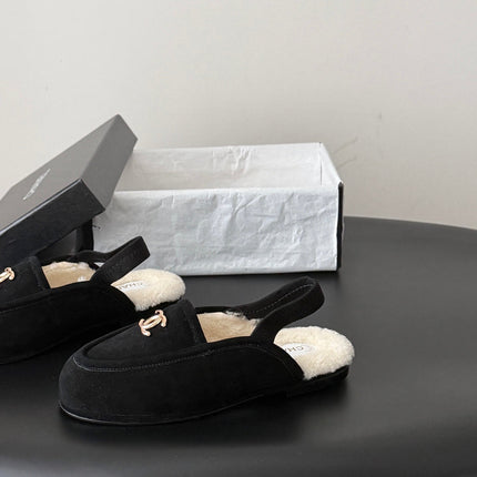 CHANEL 26S SLINGBACK LOAFERS IN BLACK SUEDE AND SHEARLING LINING