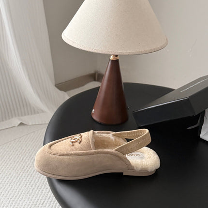 CHANEL 26S SLINGBACK LOAFERS IN BEIGE SUEDE AND SHEARLING LINING