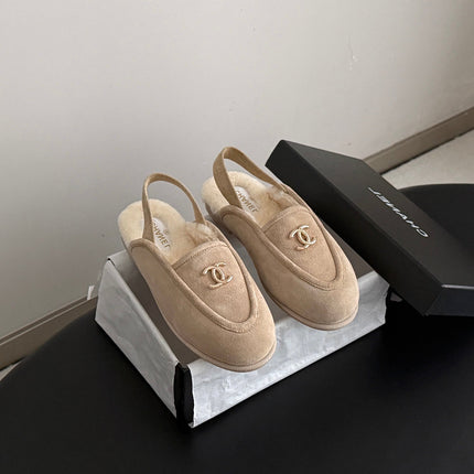 CHANEL 26S SLINGBACK LOAFERS IN BEIGE SUEDE AND SHEARLING LINING