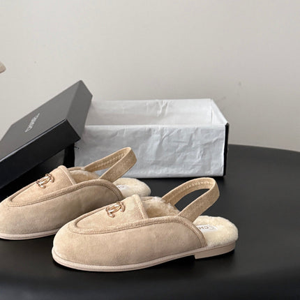 CHANEL 26S SLINGBACK LOAFERS IN BEIGE SUEDE AND SHEARLING LINING