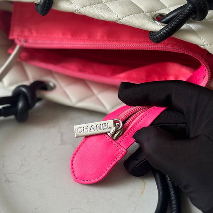 CHANEL 25S CAMBON LIGNE TOTE BAG 24 IN WHITE MIX BLACK CALFSKIN
